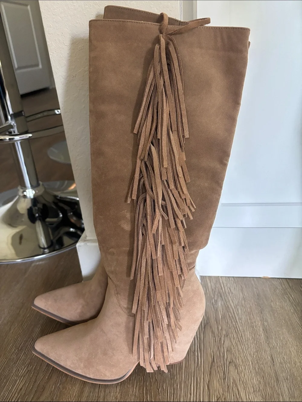 Fringe Tall Suede Boots in Taupe - Women